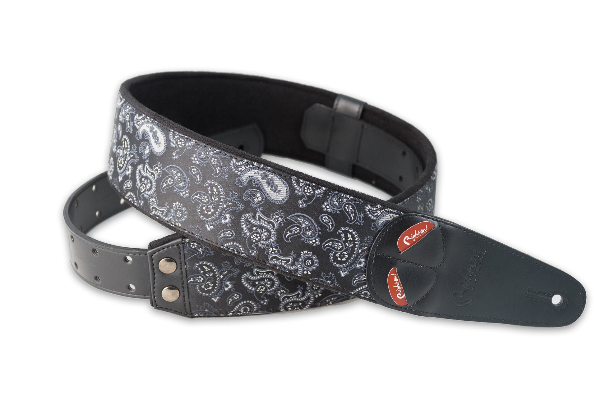 Courroie modèle PAISLEY, extérieur tissu, largeur 6 cm, longueur 100 à 145 cm, porte-médiators intégré, noir