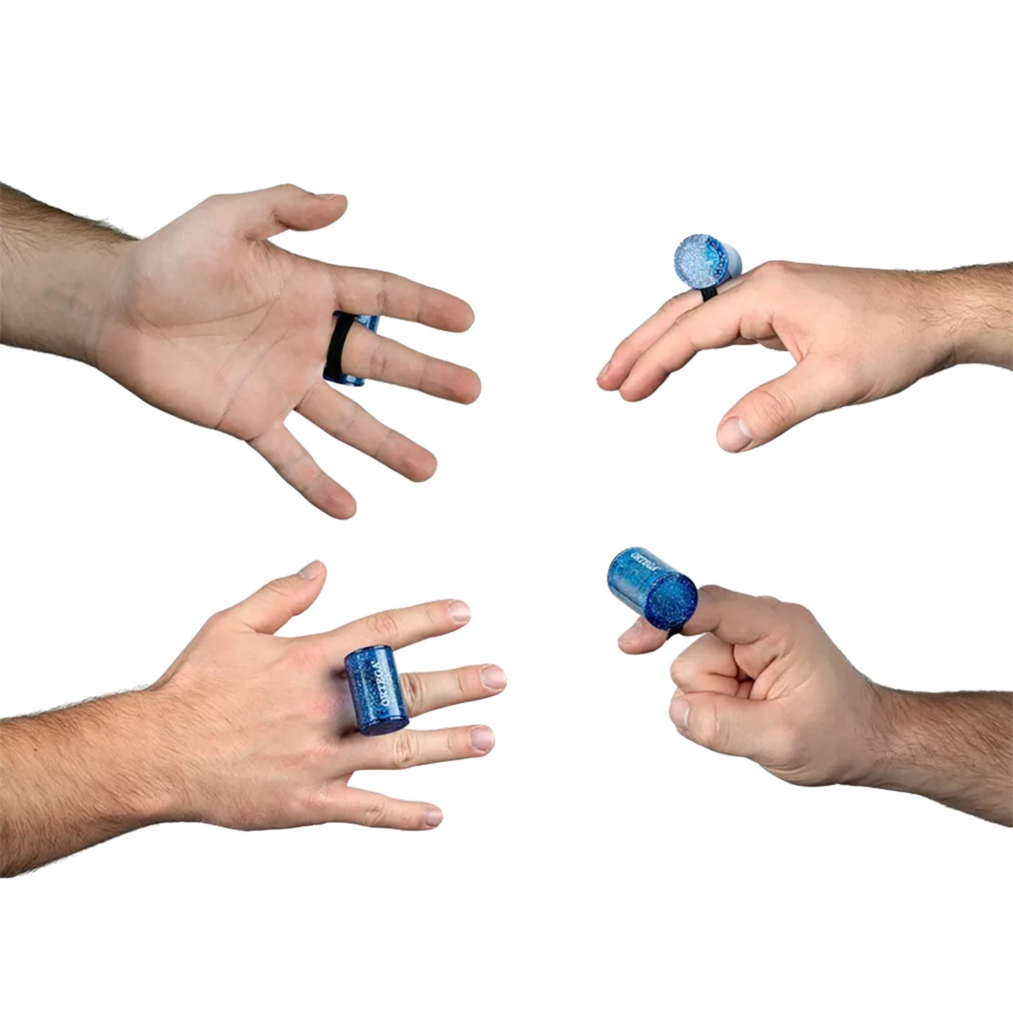 OFS-BLS, shaker pour doigt Ortega, plastique, hauteur 39 x diamètre 25 mm, bande élastique, finition bleu pailleté brillant