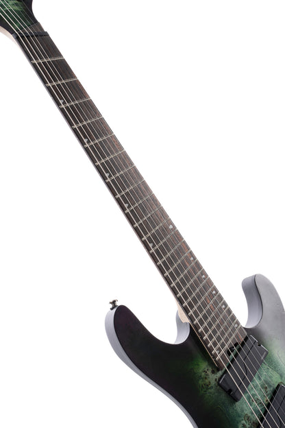 KX507MS, modèle 7 cordes, corps acajou, table peuplier figuré, touche ébène, micros Fishman Fluence, star dust green