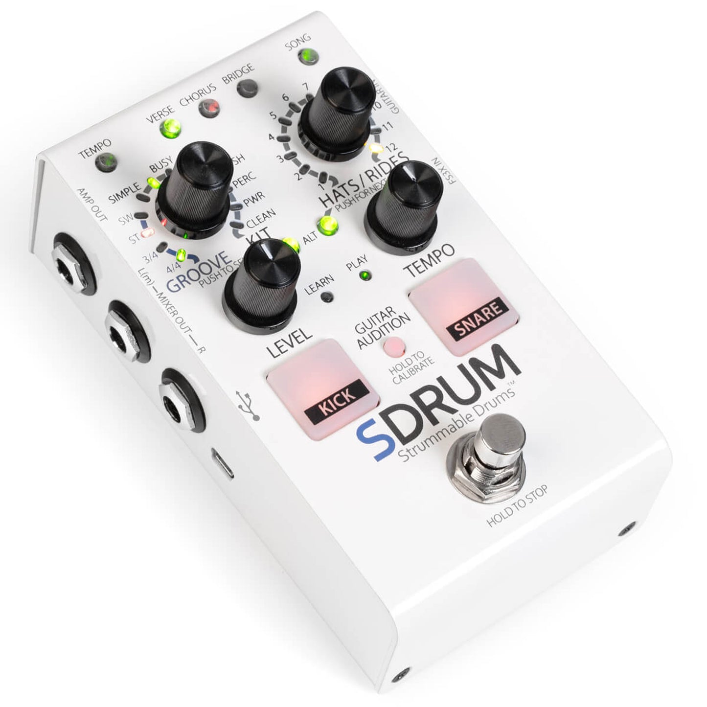 Pédale SDRUM, boîte à rythmes intelligente pour guitaristes et bassistes, 5 kits de batteries différents, blanc