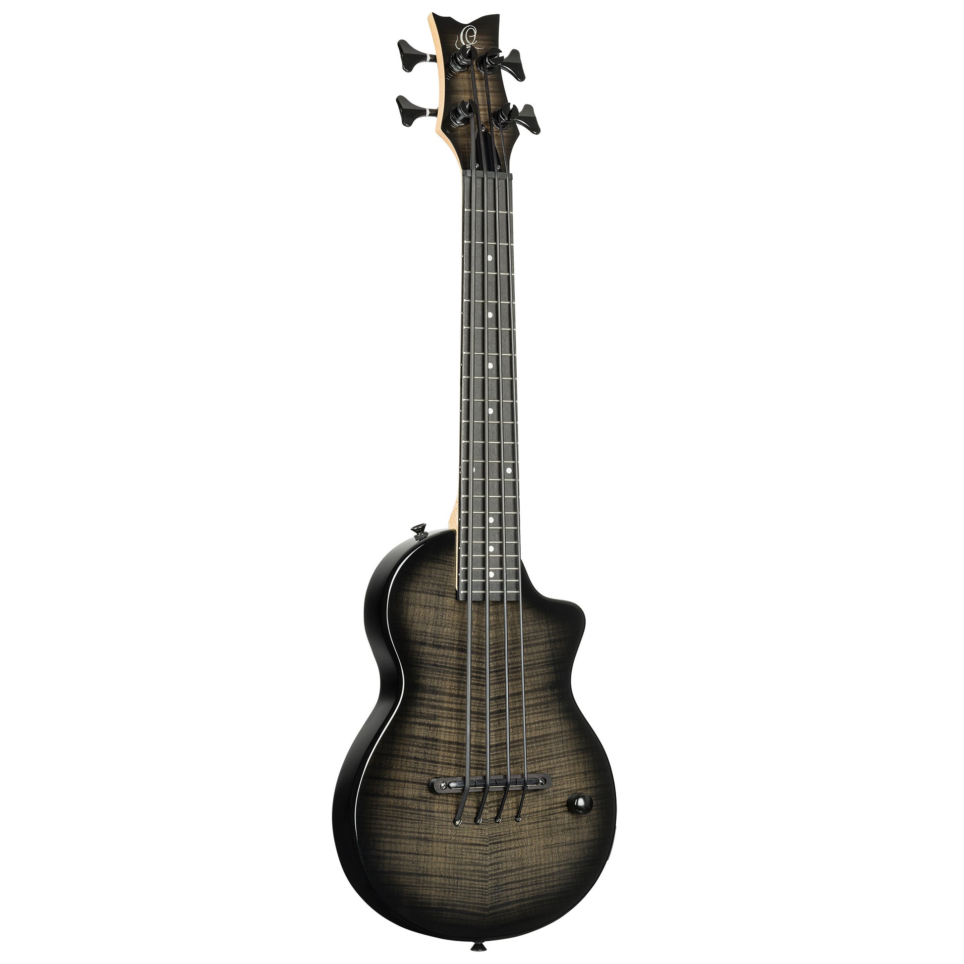 NEO-BS-TGB, modèle Ukebass, pan coupé, EQ MagusExpress, table érable flammé, corps okoumé, manche érable, housse, gris