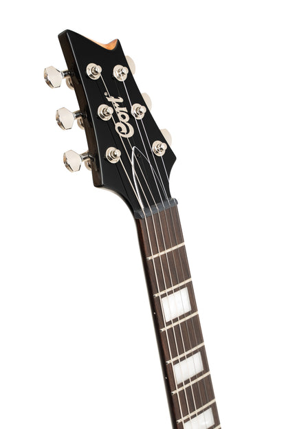 M600, corps acajou, placage érable flammé, manche collé acajou, 2 micros doubles Cort Voiced Tone VTH-59, tobacco sunburst
