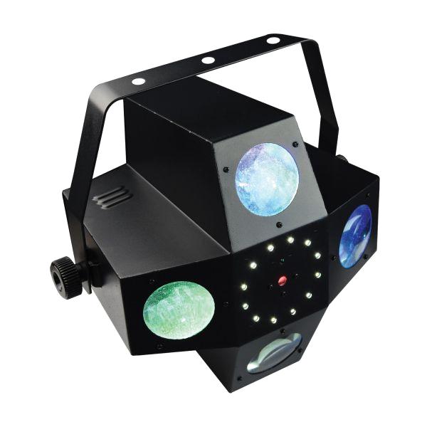 Power Lighting METEOR VII Jeux de lumière 3-en-1 : Beam Moonflower, Strobe, Laser multipoints Rouge et Vert